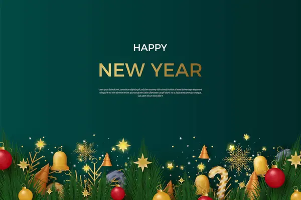 Vector Feliz Año Nuevo Con Árboles Verdes Realistas Campanas — Archivo Imágenes Vectoriales