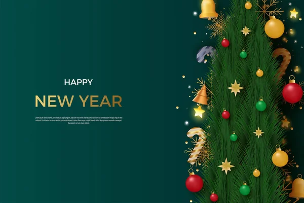 Vector Ευτυχισμένο Νέο Έτος Ρεαλιστική Θέση Πράσινο Δέντρο Στο Πλάι — Διανυσματικό Αρχείο