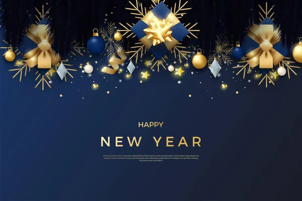 Διάνυσμα Ευτυχισμένο Νέο Έτος Μπλε Φόντο Γλυκό Διακόσμηση Δέντρο — Διανυσματικό Αρχείο