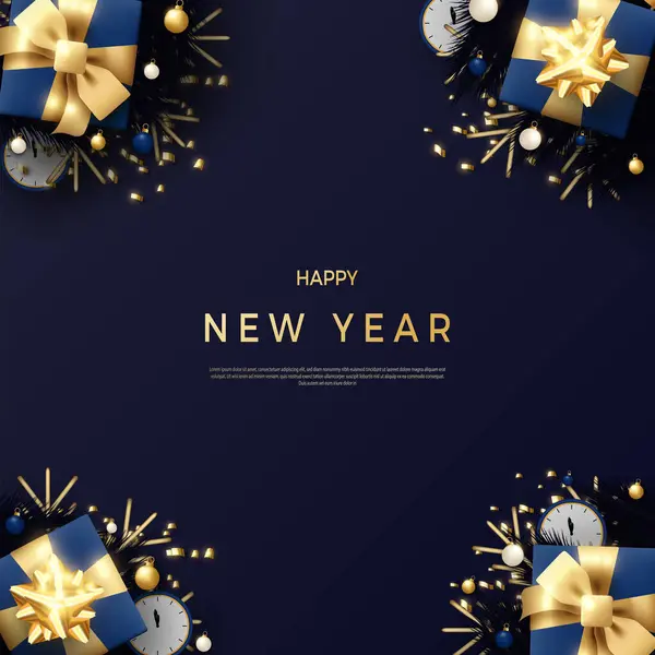 Vector Feliz Año Nuevo Con Decoraciones Cuatro Posiciones Esquina Realistas — Archivo Imágenes Vectoriales