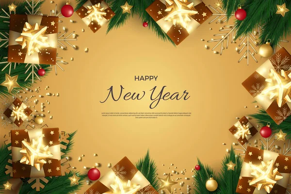 Διάνυσμα Όμορφο Νέο Έτος Φόντο Ρεαλιστική Διακόσμηση Κουτί Δώρου — Διανυσματικό Αρχείο