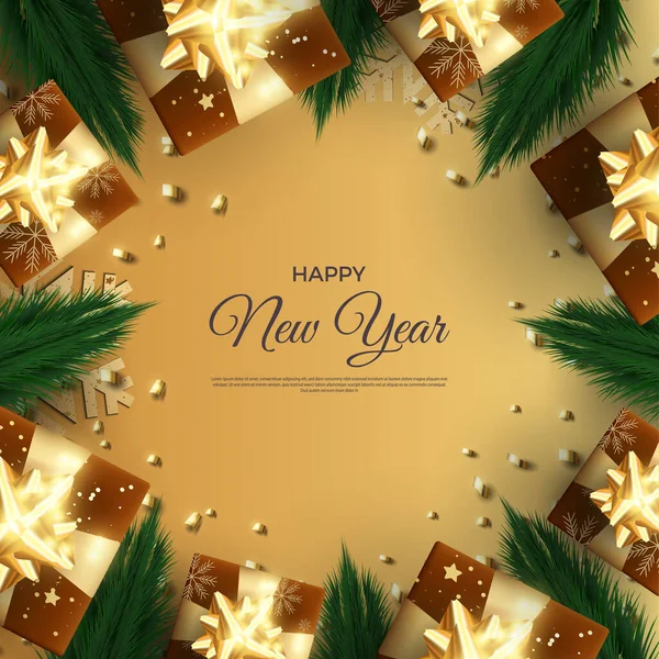 Vecteur Beau Fond Nouvelle Année Avec Boîte Cadeau Entourant Salutation — Image vectorielle
