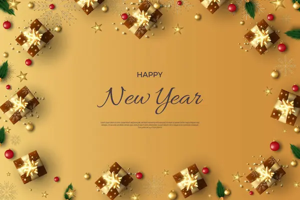 有小礼品盒和金光闪闪的矢量美丽的新年背景 — 图库矢量图片