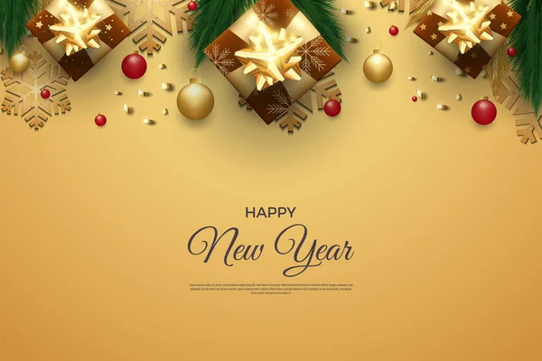 矢量美丽的新年背景与现实的黄金和绿色装饰 — 图库矢量图片