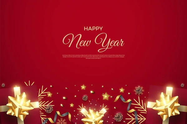 Vector Ευτυχισμένο Νέο Έτος Ρεαλιστικό Κουτί Δώρου Και Χρυσή Κορδέλα — Διανυσματικό Αρχείο
