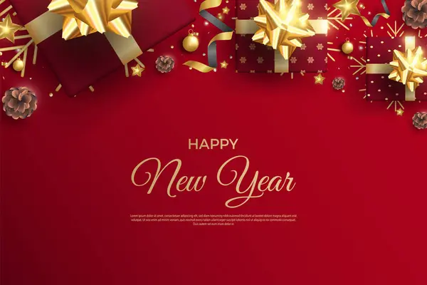 祝您新年快乐 并配上现实的红色礼品盒装饰 — 图库矢量图片