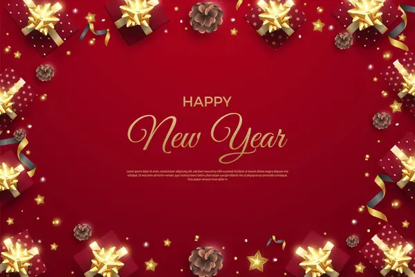 Vector Feliz Año Nuevo Con Decoración Realista Caja Regalo Roja — Archivo Imágenes Vectoriales