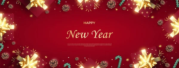 Vector Feliz Año Nuevo Con Hermosa Caja Regalo Flores Abeto — Archivo Imágenes Vectoriales
