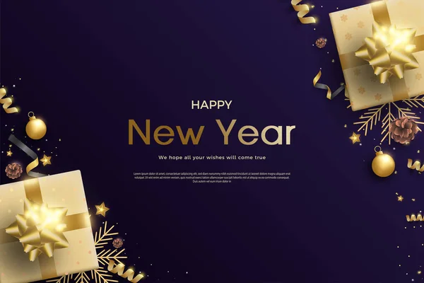 祝您新年快乐 有精美的礼品盒装饰和金色缎带 — 图库矢量图片