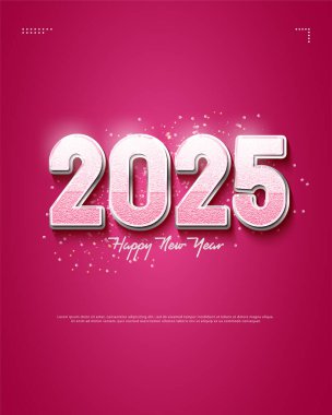 Mutlu yıllar 2025, beyaz kutlama süsleri serpiştirilmiş..