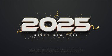 Basit ve temiz bir tasarım. Mutlu yıllar 2025. Basit numaralar ve şenlikli süsler serpiştirilmiş. Yeni Yıl Kutlaması 2025.