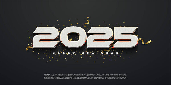 Simple and clean design Happy New Year 2025. with simple numbers and a sprinkling of festive ornaments. New Year Celebration 2025.