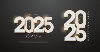 Mutlu yıllar 2025. Siyah arkaplanda parlak sayı tasarımı. Yeni yıl kutlaması için en iyi tasarım..