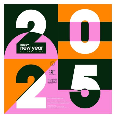 Basit Mutlu Yıllar 2025 posteri. Renkli poster tasarımı mutlu bir kutlamayı yansıtıyor. 2025 Yeni Yıl Kutlama Tasarımı. 2025 vektör premium tasarımı.