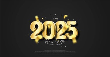 Mutlu yıllar 2025 tasarımı. 3 boyutlu gerçekçi altın sayılarla. Selamlama, poster, selamlama, tebrik kartı ve kapaklar için en iyi vektör tasarımı.