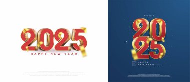 Parlak ve gerçek 3 boyutlu rakamlarla mutlu yıllar. 2025 numara tasarımı. Bir poster, takvim ve tebrik kartı için yeni yıl 2025 arkaplanı.