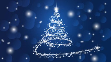 Mavi arka planda parlak bir yıldızı olan parlak bir Noel ağacı tasviri. Premium vektörü.