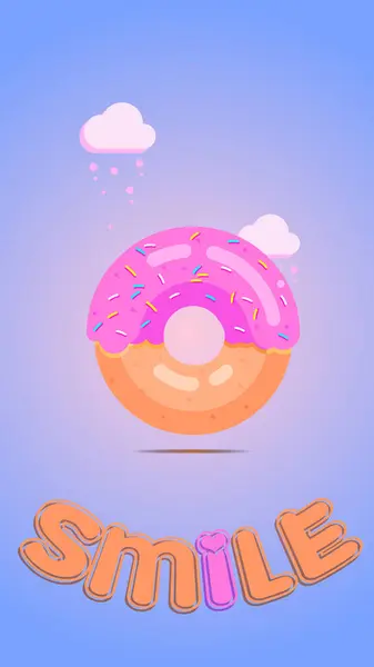 Illustration of a donut with pink cream and sprinkles. Against the background of clouds and the inscription smile