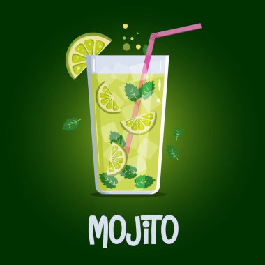 Limonlu ve naneli mojito kokteyli. Vektör illüstrasyonu