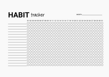 Yeni alışkanlıklar edinirken motive olmak için basılabilir bir alışkanlık izleyici.
