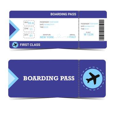 Uçuş kartı tasarımı. Uçak bileti şablonu mavi tonda.