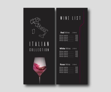 Şarap listesi menü tasarım şablonu. Siyah arka planda İtalyan koleksiyonu ve kırmızı şarap kadehi. Vektör illüstrasyonu.