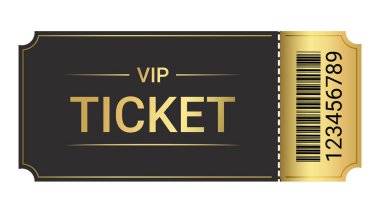 Siyah arka planda altın bilet. Sinema, parti, kulüp, festival, etkinlik için. Vektör illüstrasyonu.