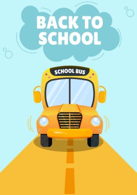 Sarı okul otobüsüyle okula dönüş afişi. Düz biçimli vektör illüstrasyonu.