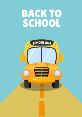 Sarı okul otobüsüyle okula dönüş afişi. Düz biçimli vektör illüstrasyonu.
