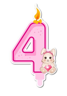 Sevimli tavşanı ve beyaz arka planda mumu olan 4 numara. Vektör illüstrasyonu.