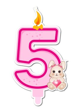 Sevimli tavşanı ve beyaz arka planda mumu olan 5 numara. Vektör illüstrasyonu.