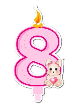 8 numara şirin tavşancık ve beyaz arka planda mum. Vektör illüstrasyonu.