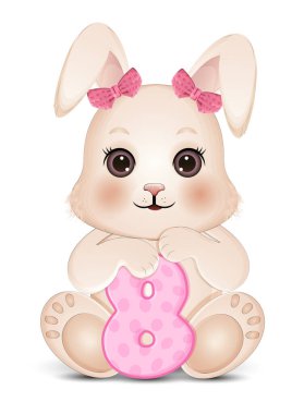 Sevimli çizgi film bebek tavşanı ve pembe 2 numara. Vektör illüstrasyonu.