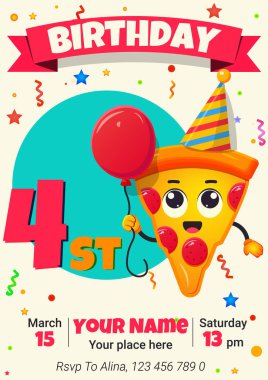 Çocuk doğum günü davetiyesi, içinde şirin çizgi film pizza karakteri olan. Vektör çizimi. Dördüncü.