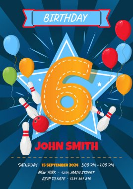 Çocuklar için 6. Doğum günü Davetiye Kartı Bowling Topu ve İğneleri - Vektör İllüzyonu