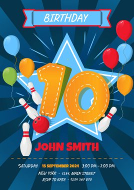 Çocuk 10. Doğum Günü Davetiye Kartı Bowling Topu ve İğneleri Gösteri- Vektör İllüzyonu
