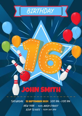 Çocuklar 'ın 16. doğum günü davetiye kartı Bowling Topu ve İğneleri - Vektör İllüzyonu