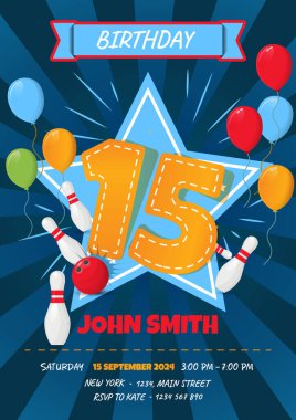 15. Çocuk Davetiye Kartı Bowling Topu ve İğneleri Gösteriyor - Vektör İllüzyonu