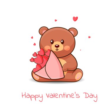 Funny Teddy Bear Holding a Bouquet of Hearts for Valentine's Day clipart