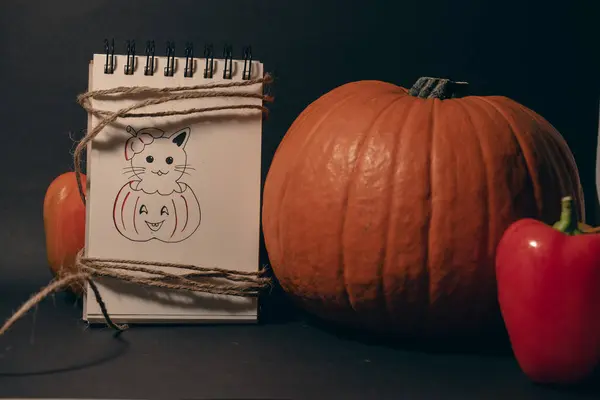 pumpkin with a drawing of a cat in a notebook, Halloween concept
