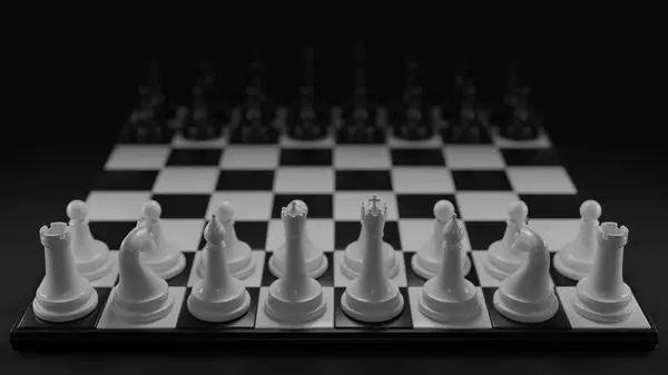 Klasik siyah-beyaz tarzında parçalı satranç tahtası. Resimde papaz, vezir, kale, fil, at, piyon gibi figürler yer alıyor. 3 boyutlu görüntüleme. Azami çözünürlük 8K.