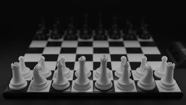Klasik siyah-beyaz tarzında parçalı satranç tahtası. Resimde papaz, vezir, kale, fil, at, piyon gibi figürler yer alıyor. 3 boyutlu görüntüleme. Azami çözünürlük 8K.