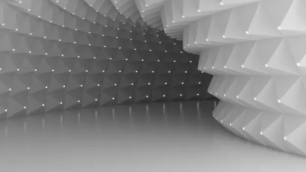 Geometrik tünelin sonunda parlak elementler var ve sonunda ışık var. 3 boyutlu görüntüleme. 4K çözünürlüğü.