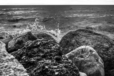 Bir deniz kıyısının siyah beyaz fotoğrafı ve dalgalar kayalara çarpıyor, Baltık Denizi, Polonya