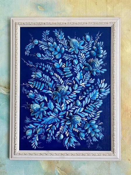 a blue floral painting with a floral pattern - Gzhel is a modern stylization of folk painting. Decorative painting. Background.