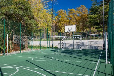 Arka planda yeşil çimenler ve mavi gökyüzü olan açık hava basketbol sahası.