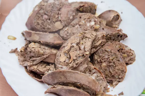 stock image Slices of meatloaf on a plate, close up