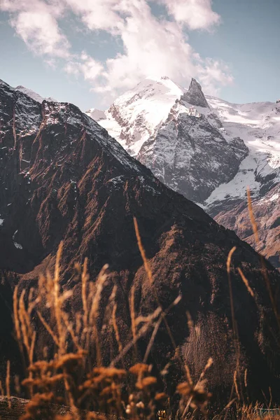 Karla kaplı güzel dağ manzarası güzel. Mavi gökyüzü ve kış beyaz ve siyah dağlar. Dağ zirvesi. Dağların eteğindeki kuru otlar. Dombay
