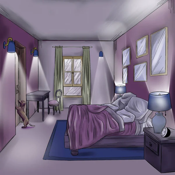 Illustration of bedroom with pet and lights on