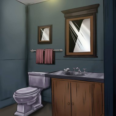 Ilustracion Modern tarz banyo, iki renkli duvarlar ve aksesuarlar.